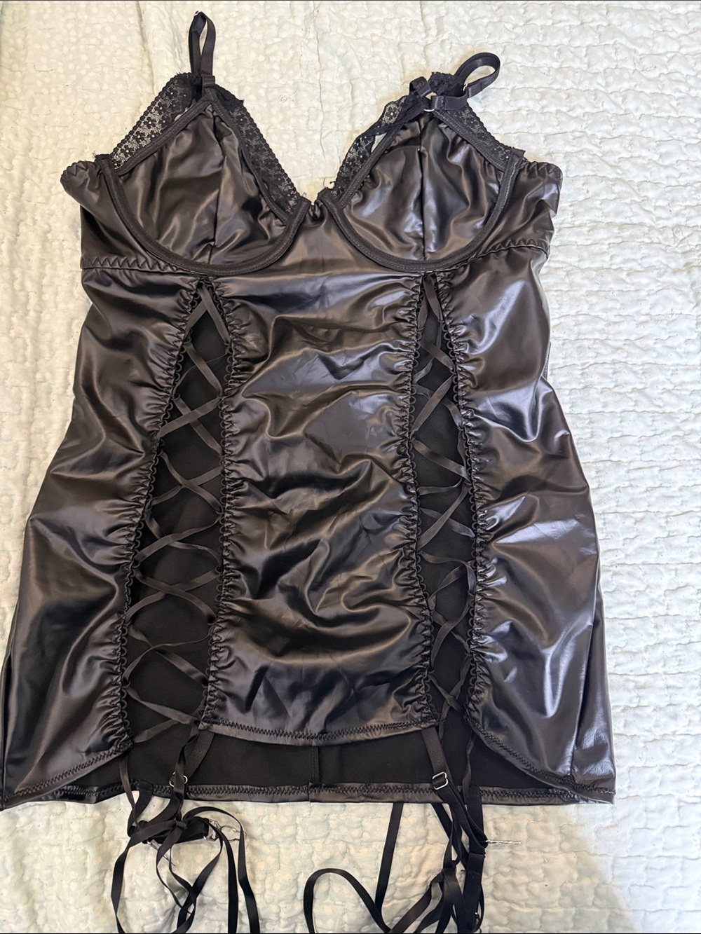 SHEIN Black Satin Lace-Up Chemise with Garter Straps